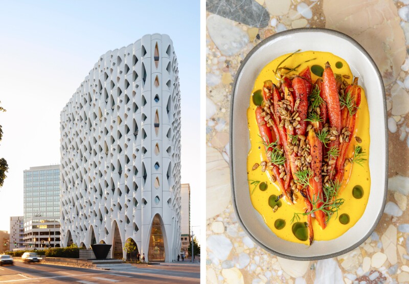 Intricate white exterior of the Populus Hotel (L); overhead view of whole carrots in yellow sauce in oval dish on marble counter