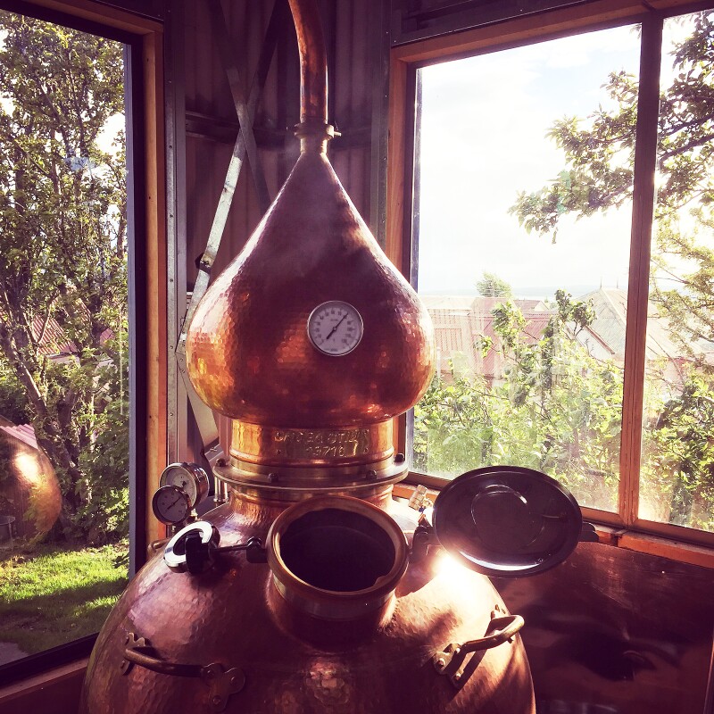 The distillery’s copper pot still is used to steep ethanol overnight with a dozen select ingredients.