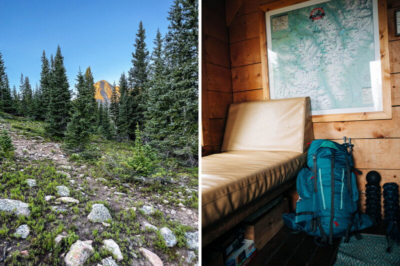 Rocky path in Holy Cross Wilderness, with evergreen trees (L); single bed in corner of room inside inn, with blue backpack on floor next to it (R)