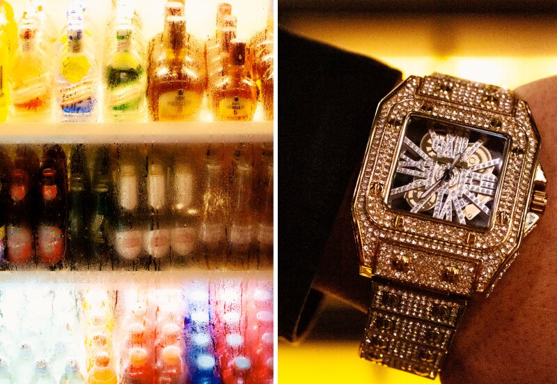 Rows of colorful alcohol and beverage bottles (left); a sparkly gold watch on someone's wrist (right)