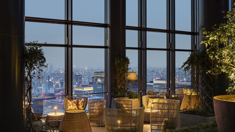 A 45th-floor terrace at the Bulgari Hotel Tokyo at dusk