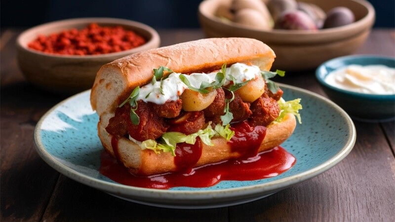 A sandwich made with a roll dipped in red guajillo sauce, filled with chorizo and potatoes and topped with lettuce and crema.