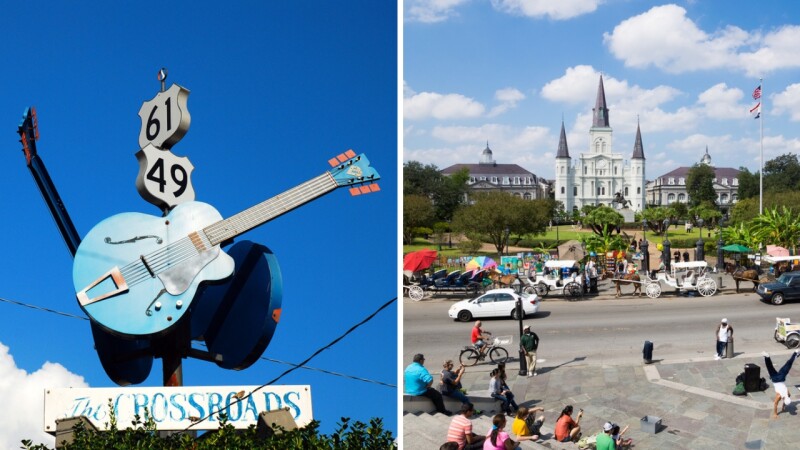 Left photo displays a sign for the Crossroads, an intersection of Routes 49 and 61 in Clarksdale, Mississippi. Right photo displays Jackson Square in front of St. Louis Cathedral in New Orleans.
