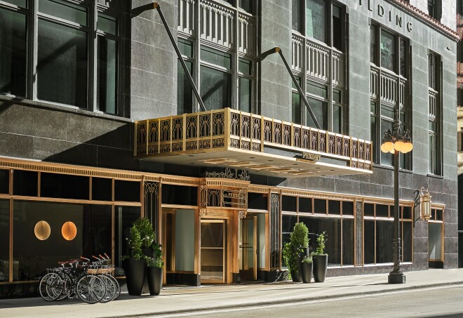 The Pendry Chicago has an art deco exterior accented with gold.