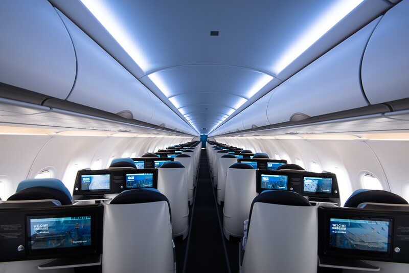 Interior of La Compagnie's all-business aircraft, with business-class seats situated in rows of two by two