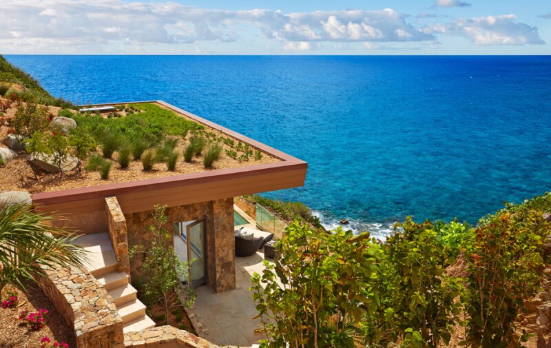 Oil Nut Bay’s cliffside suites feature a living roof.
