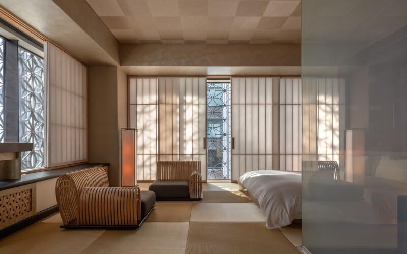 Interior of a guest room at Hoshinoya Tokyo