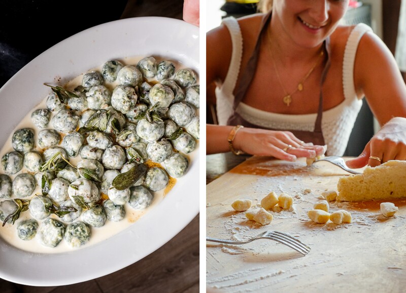 Overhead view of oval dish of green balls of pasta (L); guest seated at table preparing food during class (R)