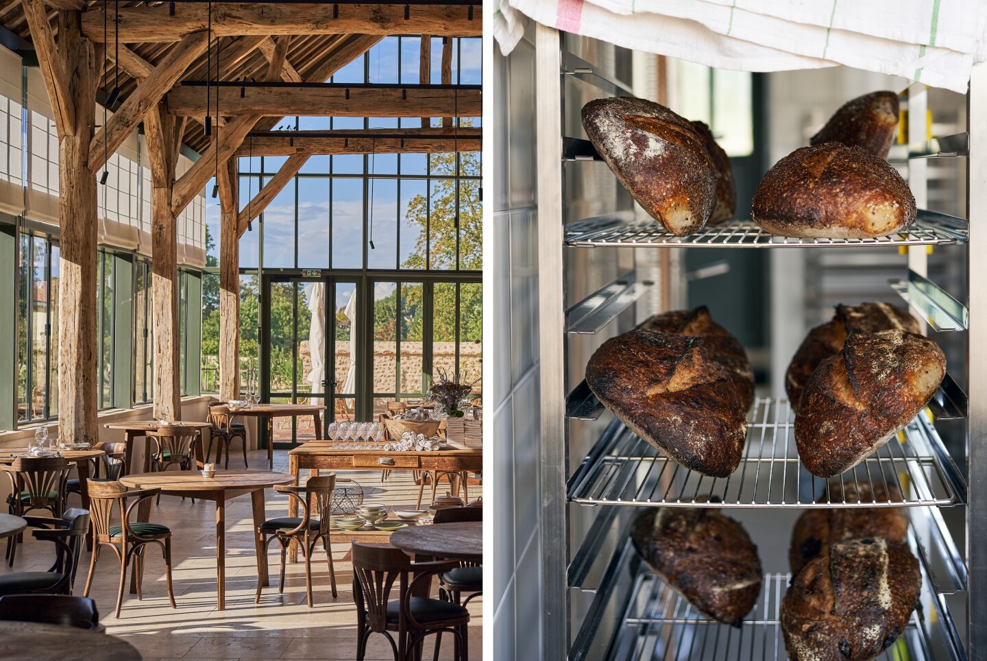 Empty seating in wood-beamed room with glass walls (L); a few pastries at Le Doyenné (R)