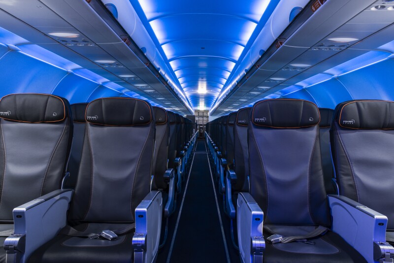 Interior shot of economy seats on JetBlue's Airbus A321 LR planes