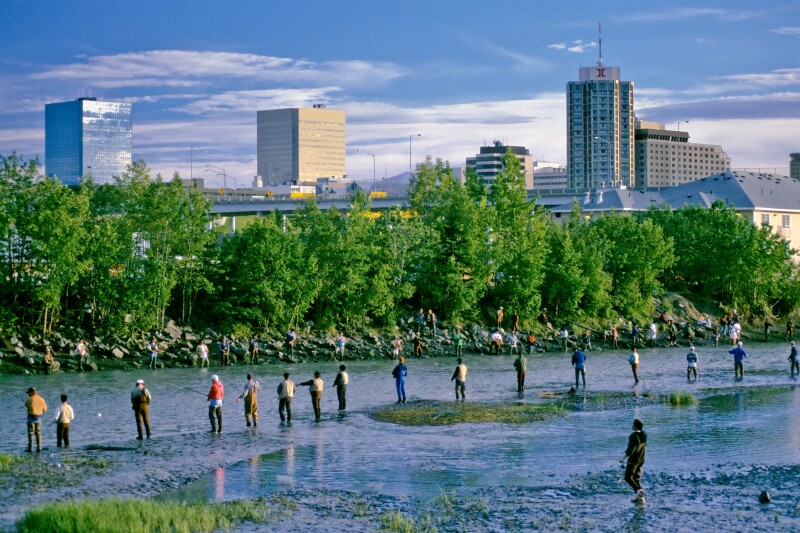 Anglers line the shores of Fish Creek, with row of green trees across water and tall building in background