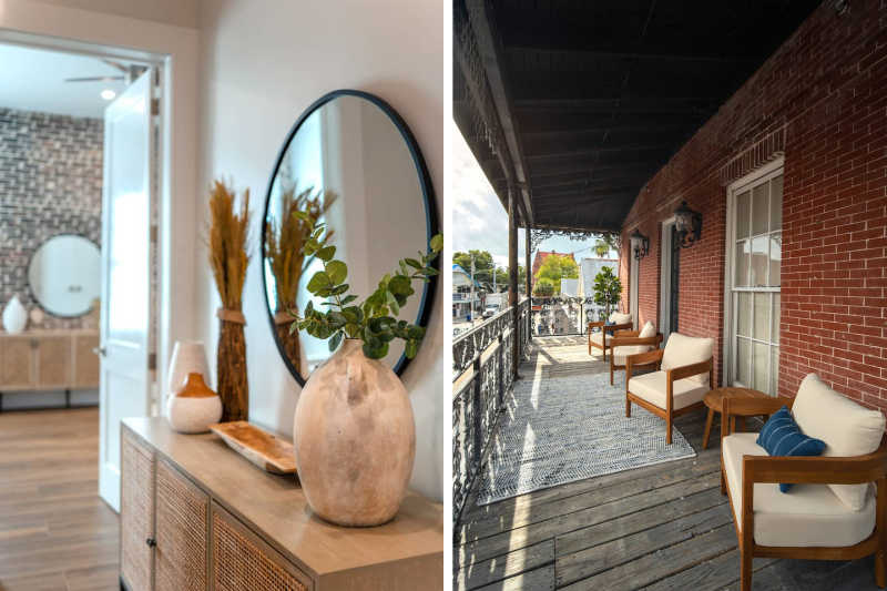 Diptych of photos with interior hallway of a house on the left with a mirror and vase and balcony with chairs on right