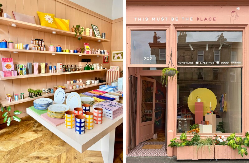 Left: A colorful design store with pottery, pillows, plants, and more on a table and on peach-colored shelves. Right: The peach-colored storefront of This Must Be the Place in Glasgow.