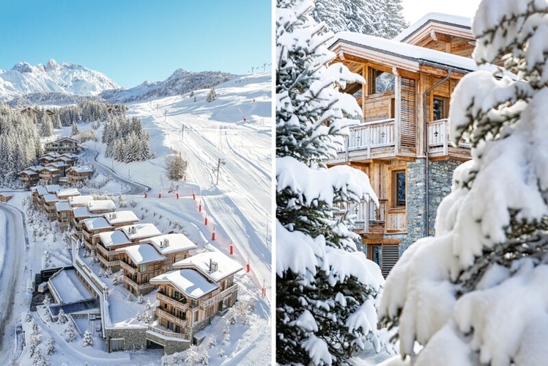 Exteriors of the snow-covered 13 chalets at the Ultima Courchevel Belvédère, built with weathered wood