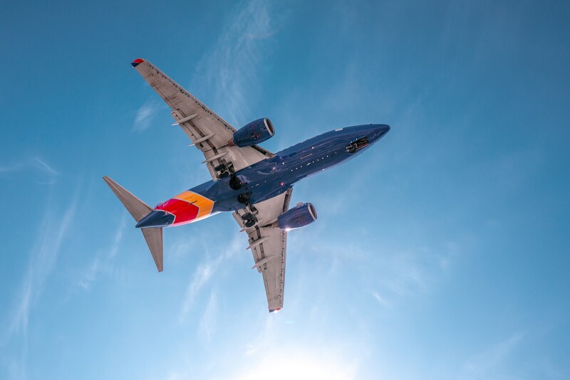 Southwest airplane flying, viewed from below