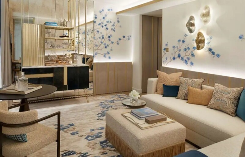 Interior of guest room at Mandarin Oriental Mayfair with floral motifs