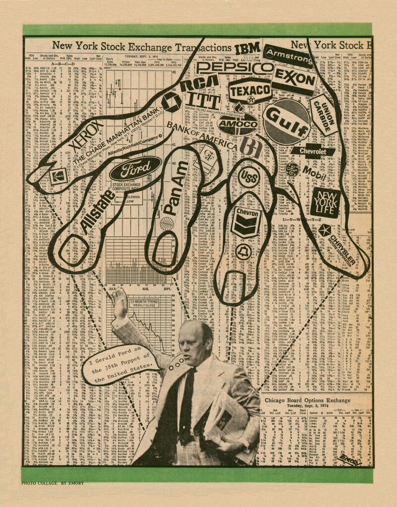 Emory Douglas, "The Black Panther (back cover), September 21, 1974 (I Gerald Ford am the 38th Puppet of the United States)."