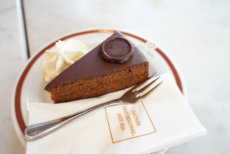 A slice of Original Sacher-Torte at Hotel Sacher in Vienna