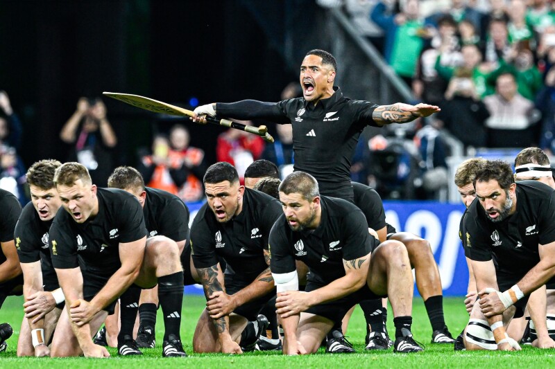 New Zealand's All Black rugby team perform the haka during the Rugby World Cup in Paris on October 14, 2023.