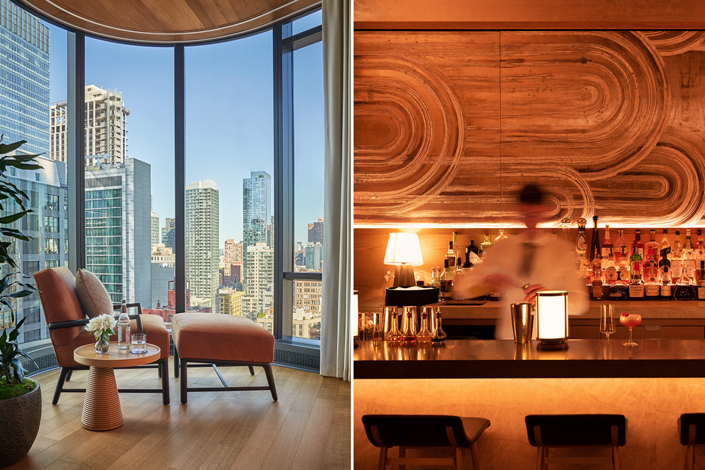 Hotel room views from high up (L); inside Bar Pendry on the ground floor (R).
