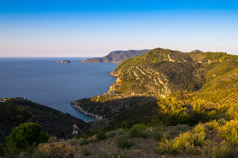 View of sea from Alonissos Old Town as the sun begins to set
