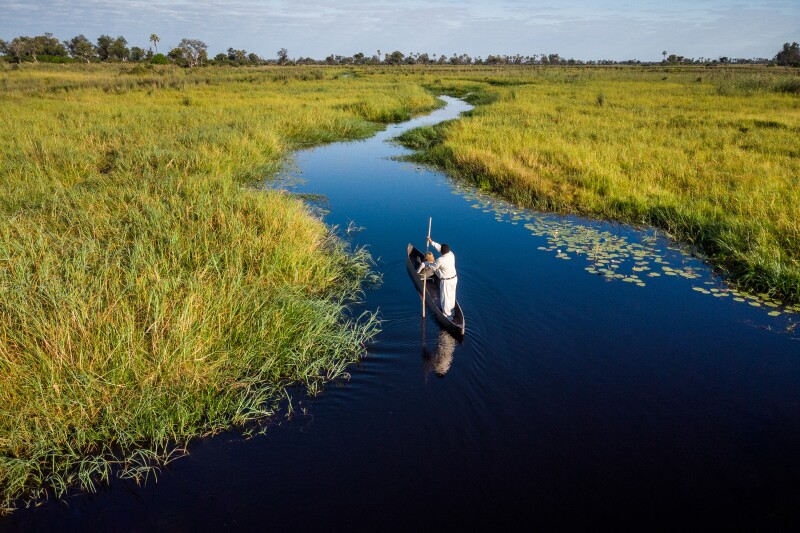 Person rowing a boat while standing along channel of water through grasslands
