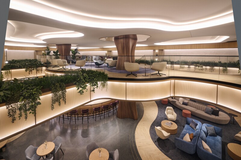 The mezzanine at the Chase Sapphire Lounge by the Club at LaGuardia Airport