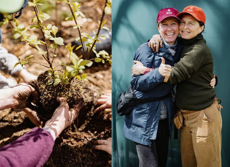 One photo of hands in the dirt putting a plant into the ground, another photo of two women in baseball caps smiling and embracing.