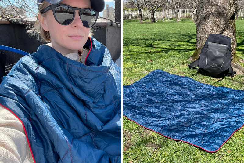 The writer demonstrates how the Cape Clip allows for hands-free use (L); this airplane blanket doubles as a picnic blanket (R).