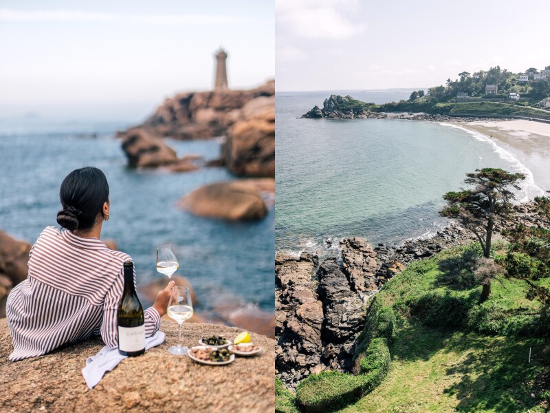 A woman in striped shirt on coast, with glass of white wine and looking at distant lighthouse (L); aerial view of small beach, with boulders and trees in foreground (R)