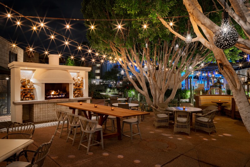 Bistro lights strung over the patio of Renata’s Hearth at the Arizona Biltmore, Phoenix, Arizona