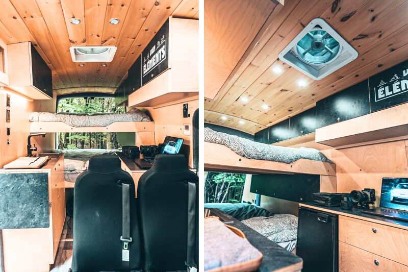 Two photos of interior of camper van: two empty black seats at front of van, with wood ceiling (left); bunk beds (right)