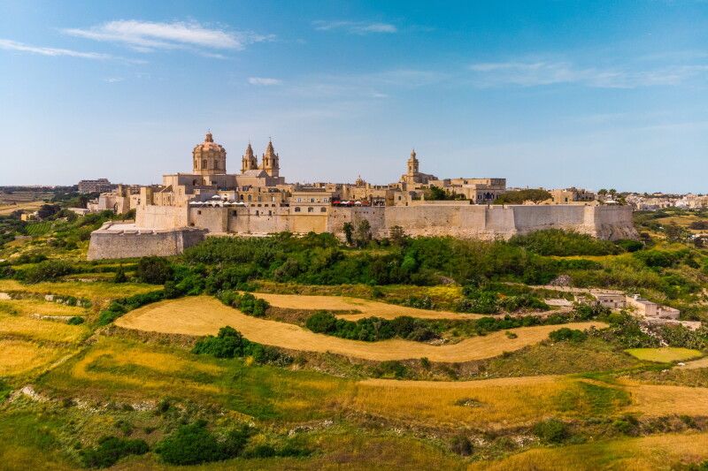 The walled city of Mdina on a hilltop surrounded by green trees and green and yellow pastureland