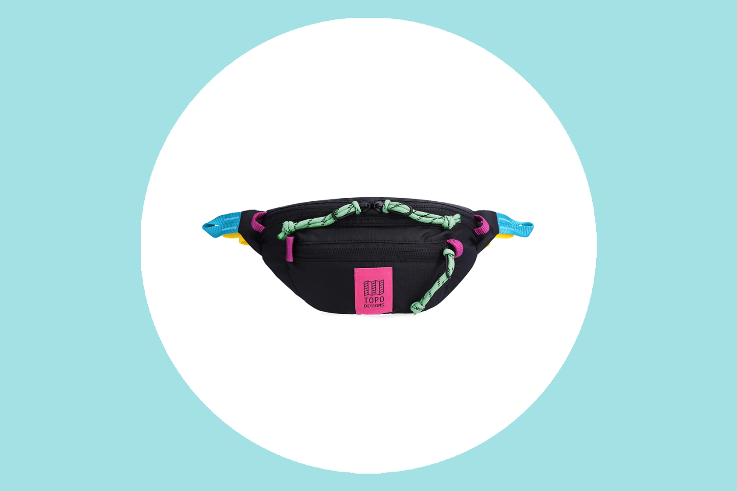 Black fanny pack with pin and blue accents