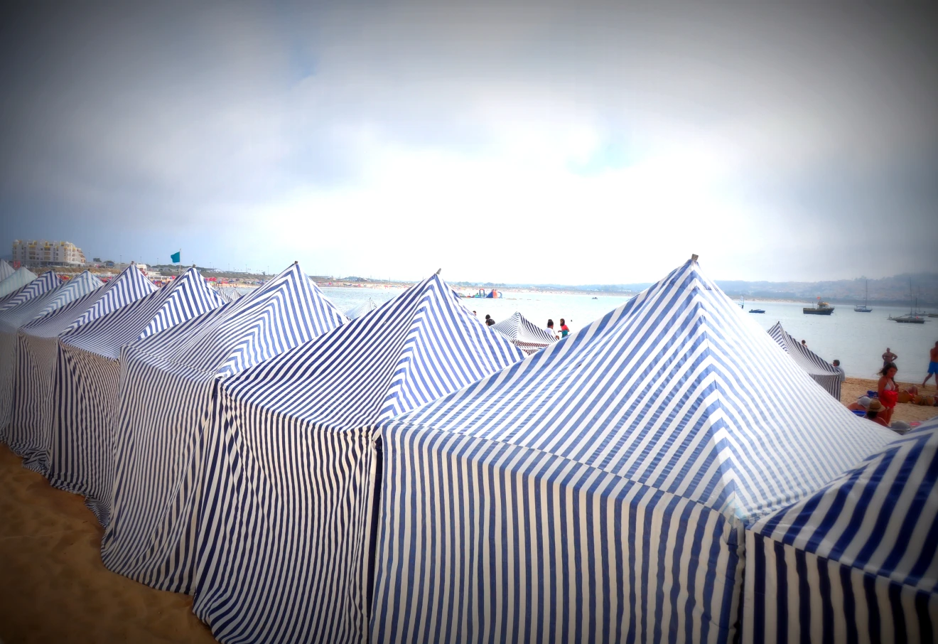 The blue and white tents in Summer