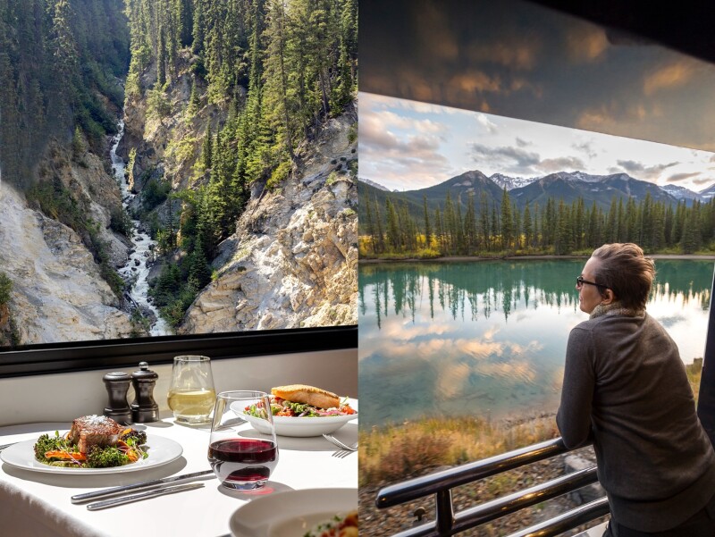 Meal on table with view of canyon (L); passenger leaning on rails of train car passing lake (R)