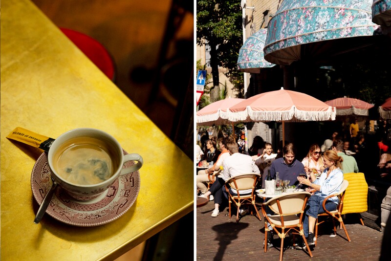 Left: A cup of coffee resting on a cafe table. Right: People dining in an outdoor café.