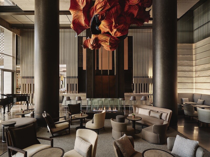 The lobby lounge of Aman New York is located on the 14th floor of the iconic Crown building.
