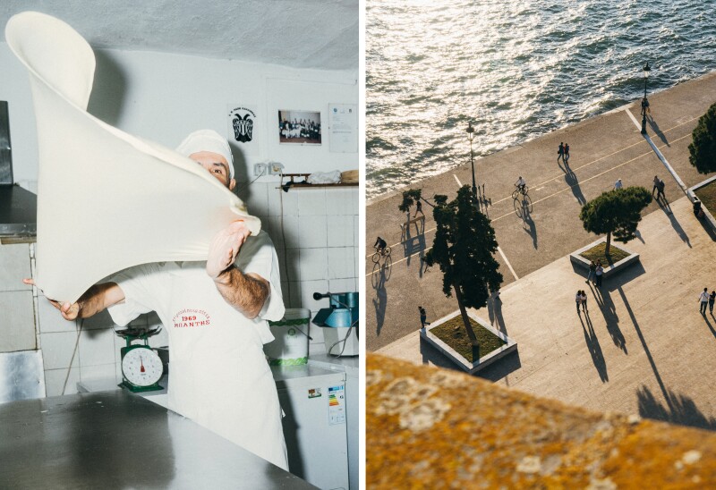 Left: Philippos Bantis flips bougatsa pastry. Right: People walking along Thessaloniki's waterfront.