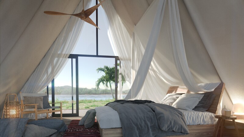 The A-frame rooms at Habitas Bacalar have views of the jungle, the mangroves, or the lagoon.