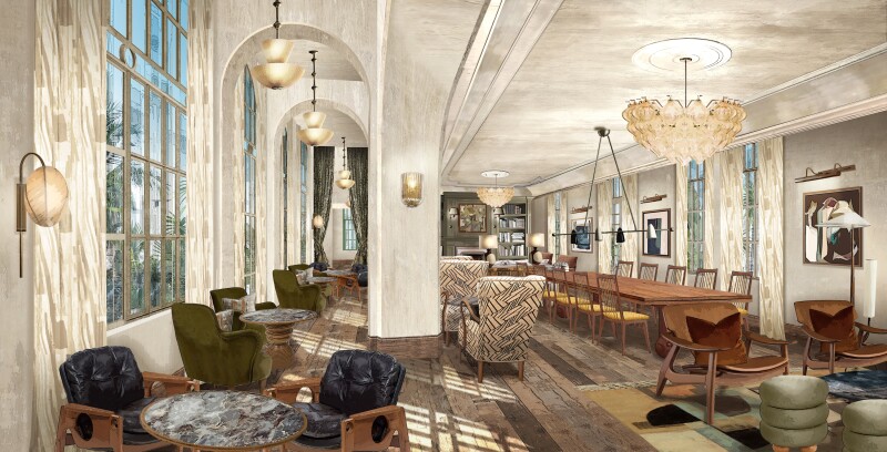 A rendering of a sitting room at Soho House São Paulo, with arched ceilings and chandeliers over large tables and oversize chairs.