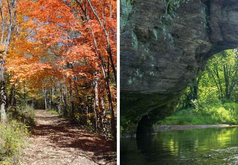 A walking path under trees with orange and yellow leaves (left) and a rocky arch above calm water (right) in Kickapoo Valley Reserve