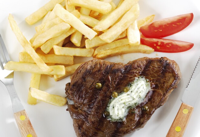 Rumpsteak with french fries on plate