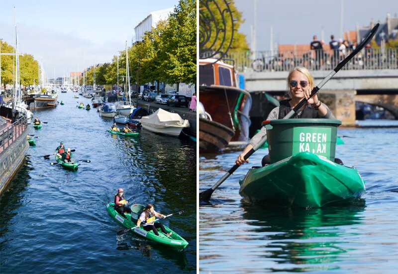 Aerial view of several green kayaks in canal (L); closeup of kayaker, with bridge in background (R)