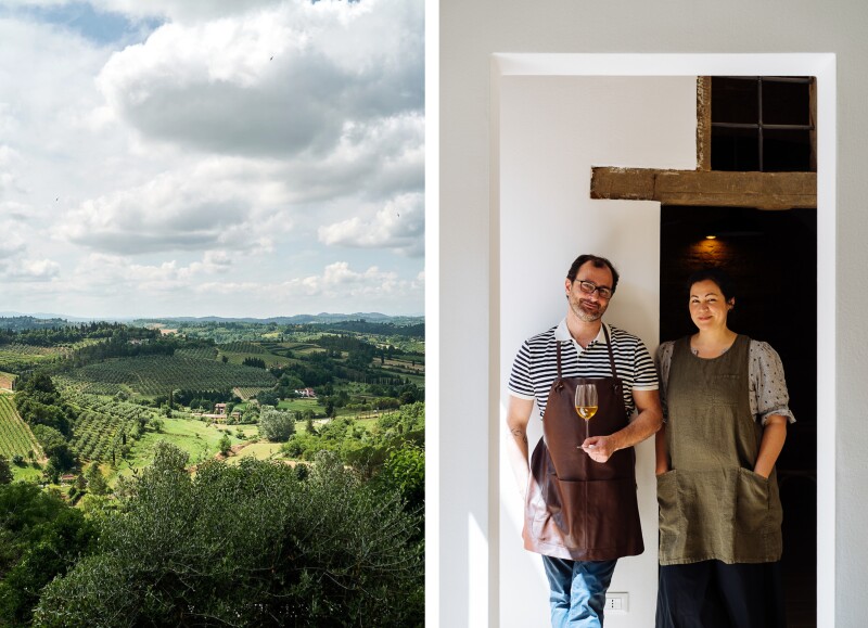 Aerial view of green countryside near Marilu restaurant (L); owners Marco Lami and Emiko Davies wearing aprons, with Marco holding glass of wine (R)