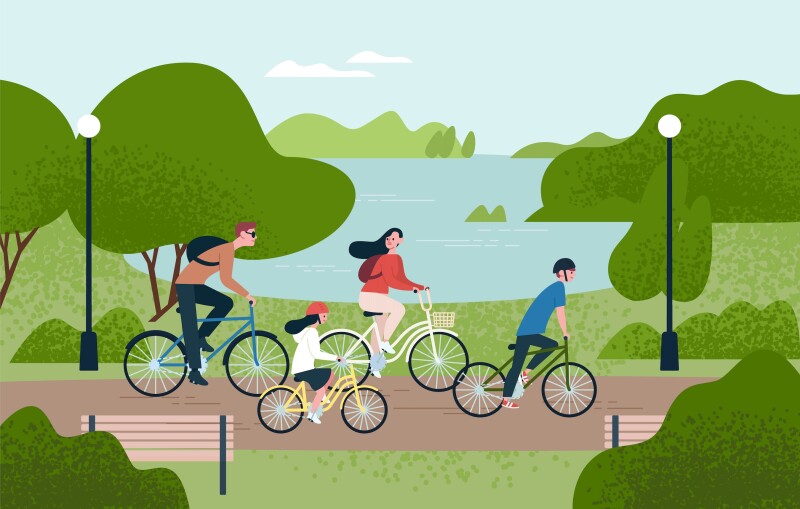 Illustration of bicyclists on path in a park, passing a pond and two benches