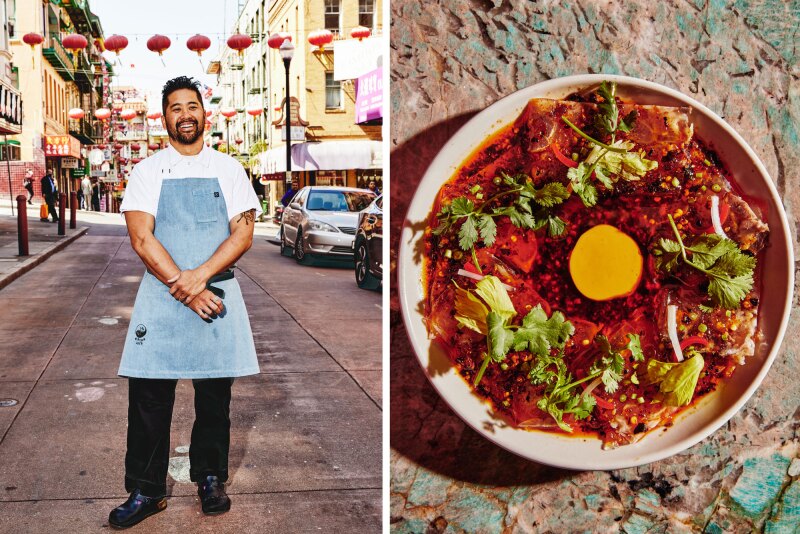 Chef in light blue apron stands on street, with row of red lanterns in background (L); overhead view of red-sauce-based Chinese food in white bowl (R)
