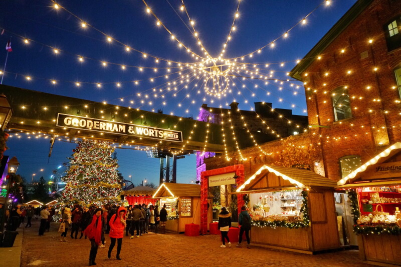The Distillery Winter Village at night