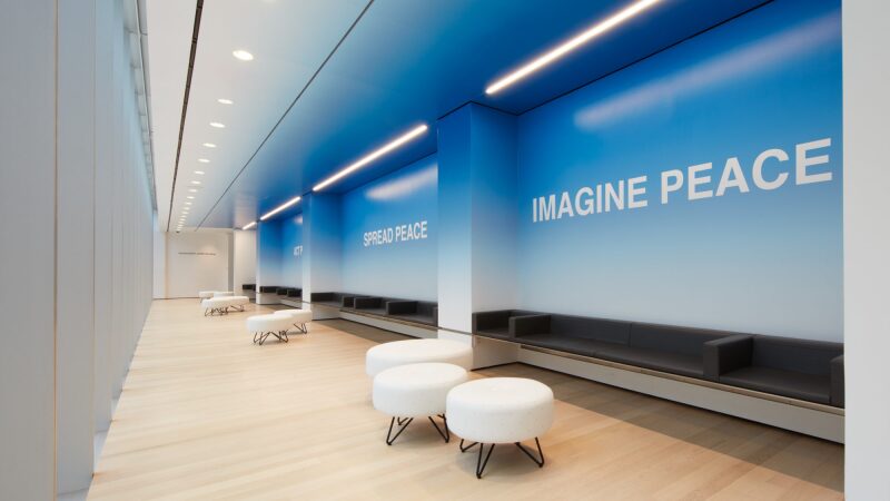 MoMA commissioned six long-term, site-specific works as a celebration of the October 21 opening, among them “PEACE is POWER” (2019) by Yoko Ono, designed for the Louise Reinhardt Smith Gallery.