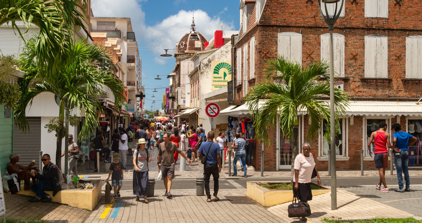 Fort-de-France, FR: 12 August 2019: Rue de la Republique in Fort-de-France, Martinique, West Indies, is the main commercial street.